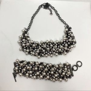 Premier Designs Mesh Pearl Rhinestone Necklace and Bracelet Set